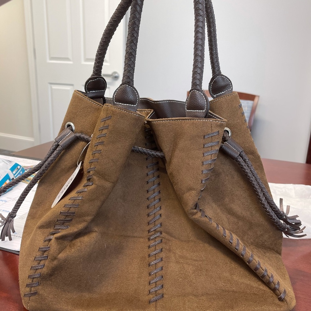 New with tags bingham by dynasty brown suede bag